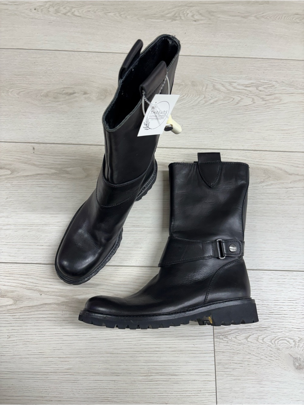 Sergio Rossi Black Leather Mid-Calf Buckle Boots